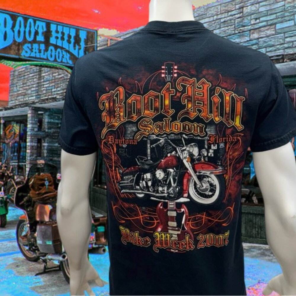 2007 Boot Hill Saloon Daytona Bike Week Biker Black Graphic T-Shirt Tee Medium